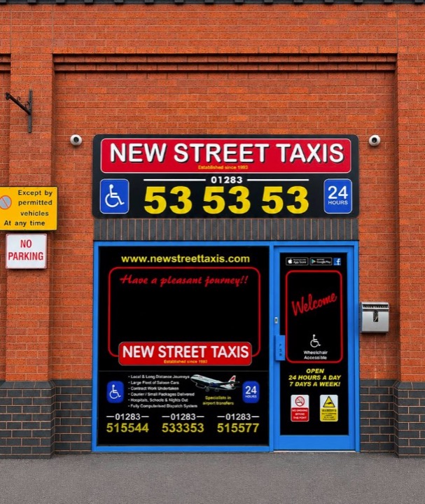 New Street Taxis storefront in Burton-on-Trent